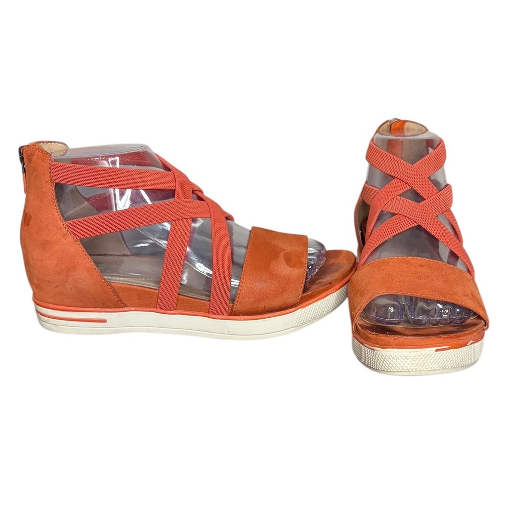 Eileen Fisher Sport Eva Burnt Orange Suede Elastic Strap Wedge Sandals Size 7